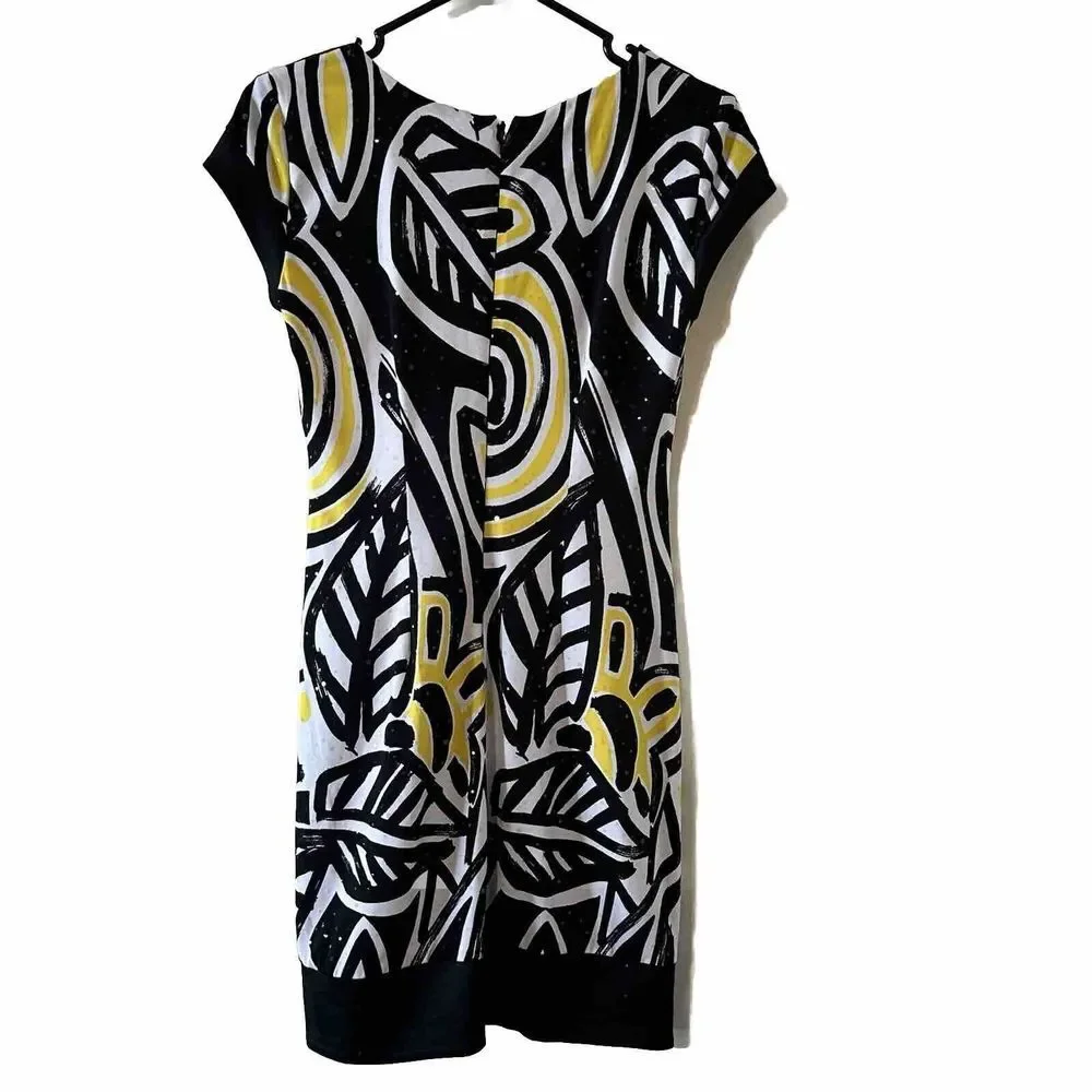 Cache Black White Yellow Leaf Short Sheath Lined Dress Sequin Size 4 *READ* - Picture 5 of 12